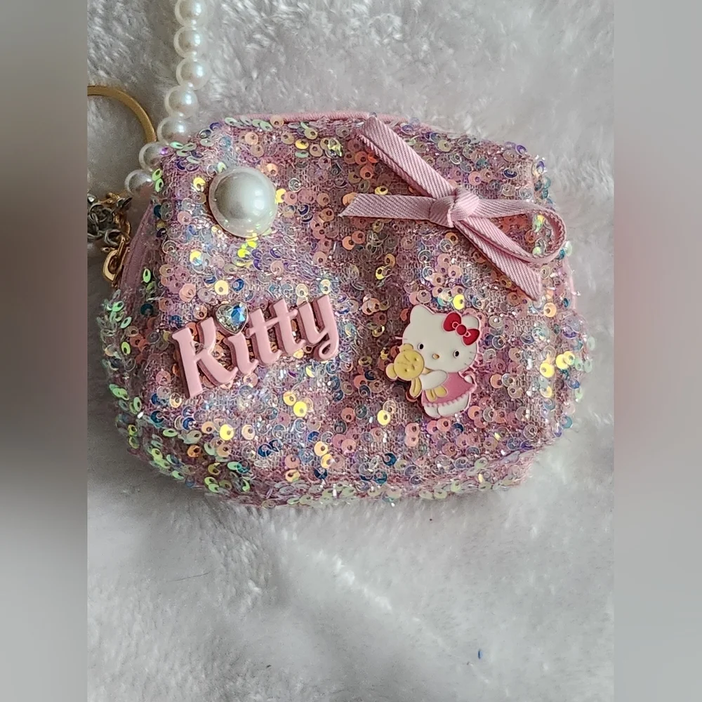 Pink Sequin Hello Kitty Mini Purse with Pearl Handle Keychain Bag Charm